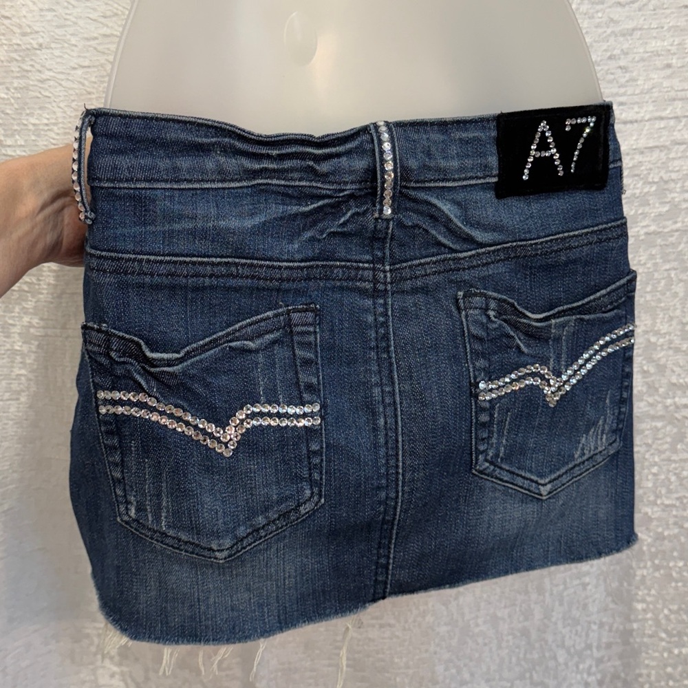 A7 Rhinestone Bling Denim Mini Skirt M Destroyed Ripped 7 For All Mankind - Picture 8 of 14